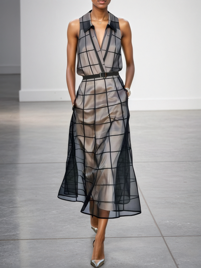 Alinta® | Women's Checkered Tulle Lapel Sleeveless Belted Maxi Dress