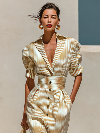 Kiara® | Women's Striped Lapel Short Sleeve Waist Midi Dress