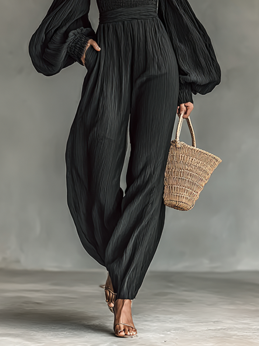 Hazel® | Women's Off-the-shoulder Long-sleeved Pleated Fabric Jumpsuit