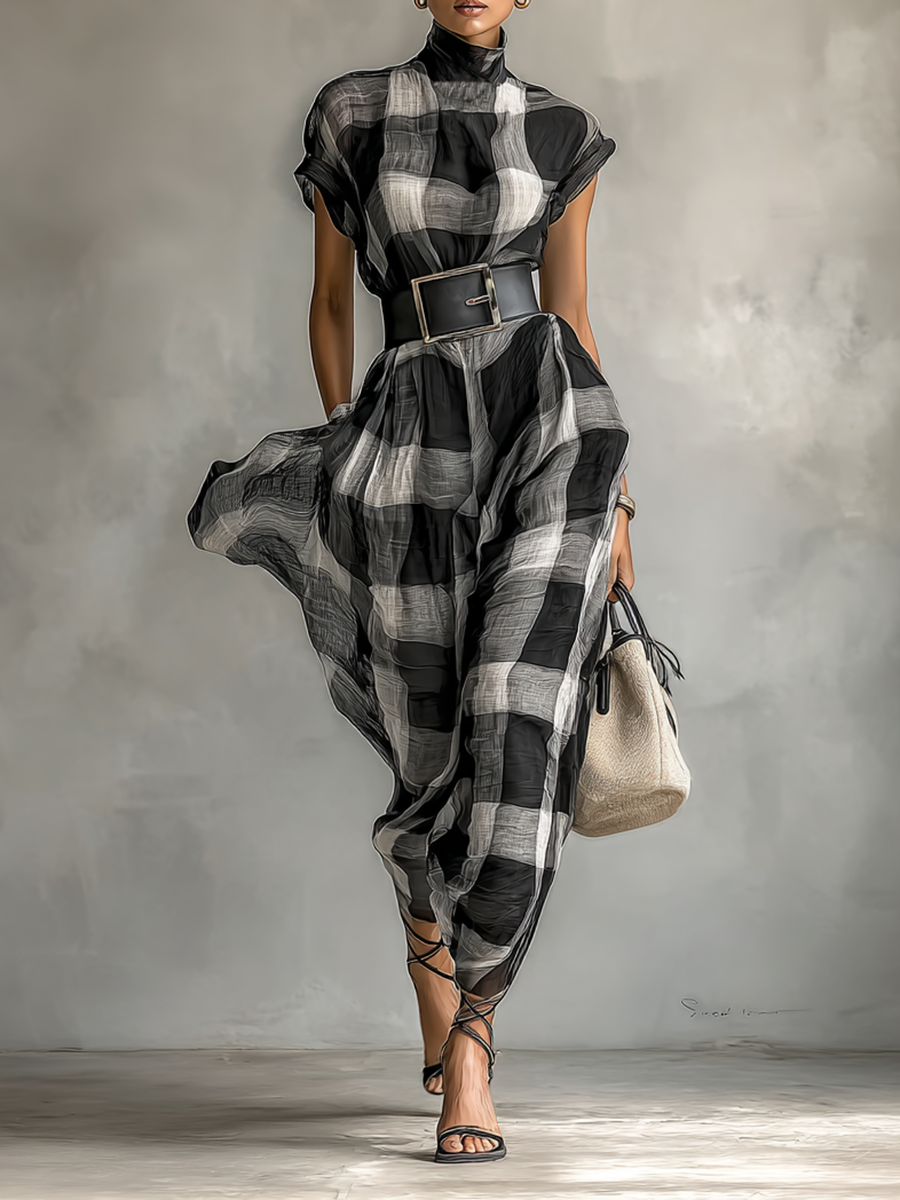 Aylah® | Women's Plaid Cotton Blend High Collar Short Sleeve Belt Maxi Dress