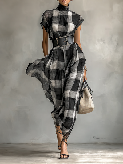 Aylah® | Women's Plaid Cotton Blend High Collar Short Sleeve Belt Maxi Dress