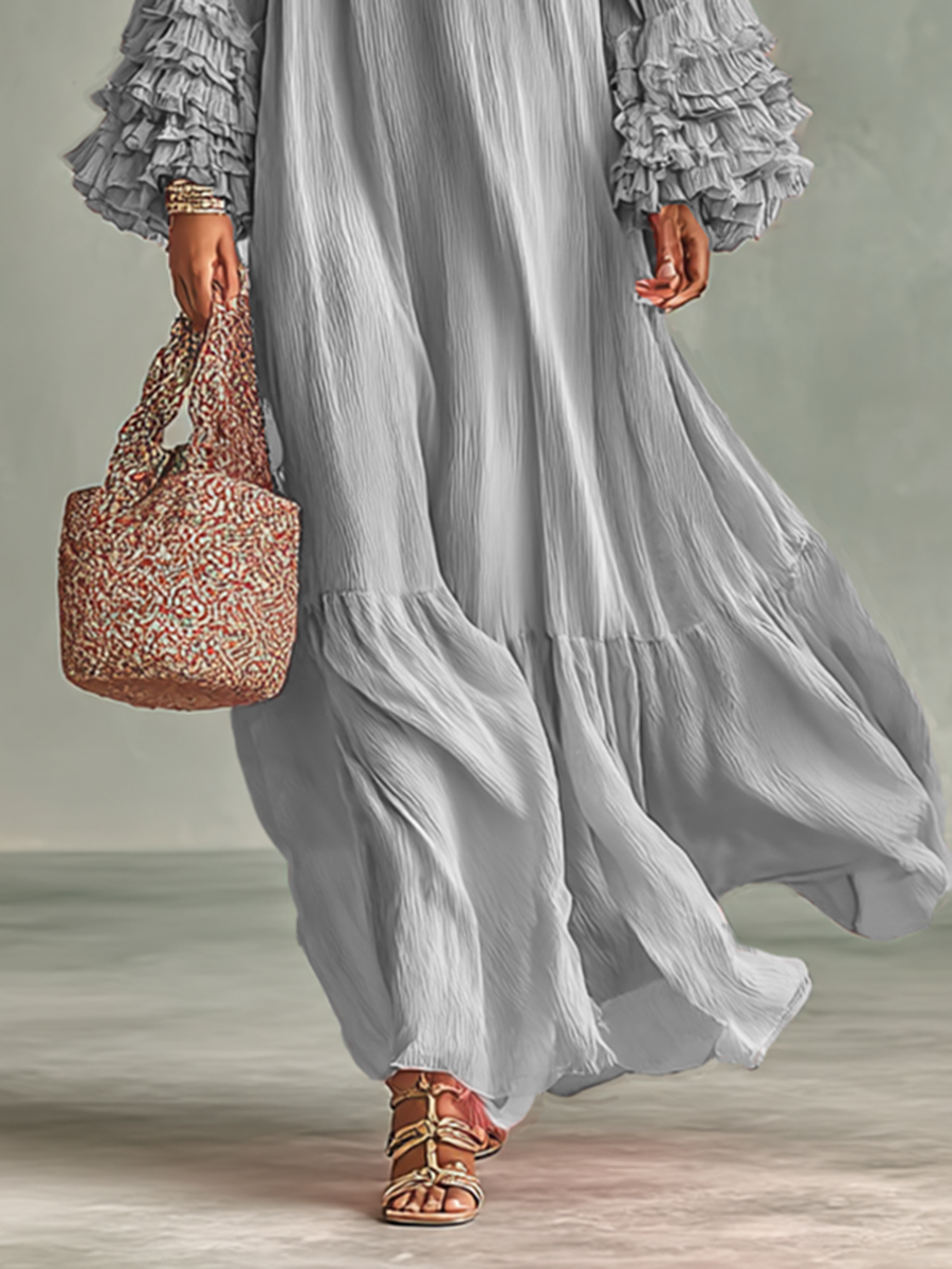 Grace® | Women's Loose Pleated Chiffon Round Neck Long Sleeves Cuffs Ruffle Maxi Dress