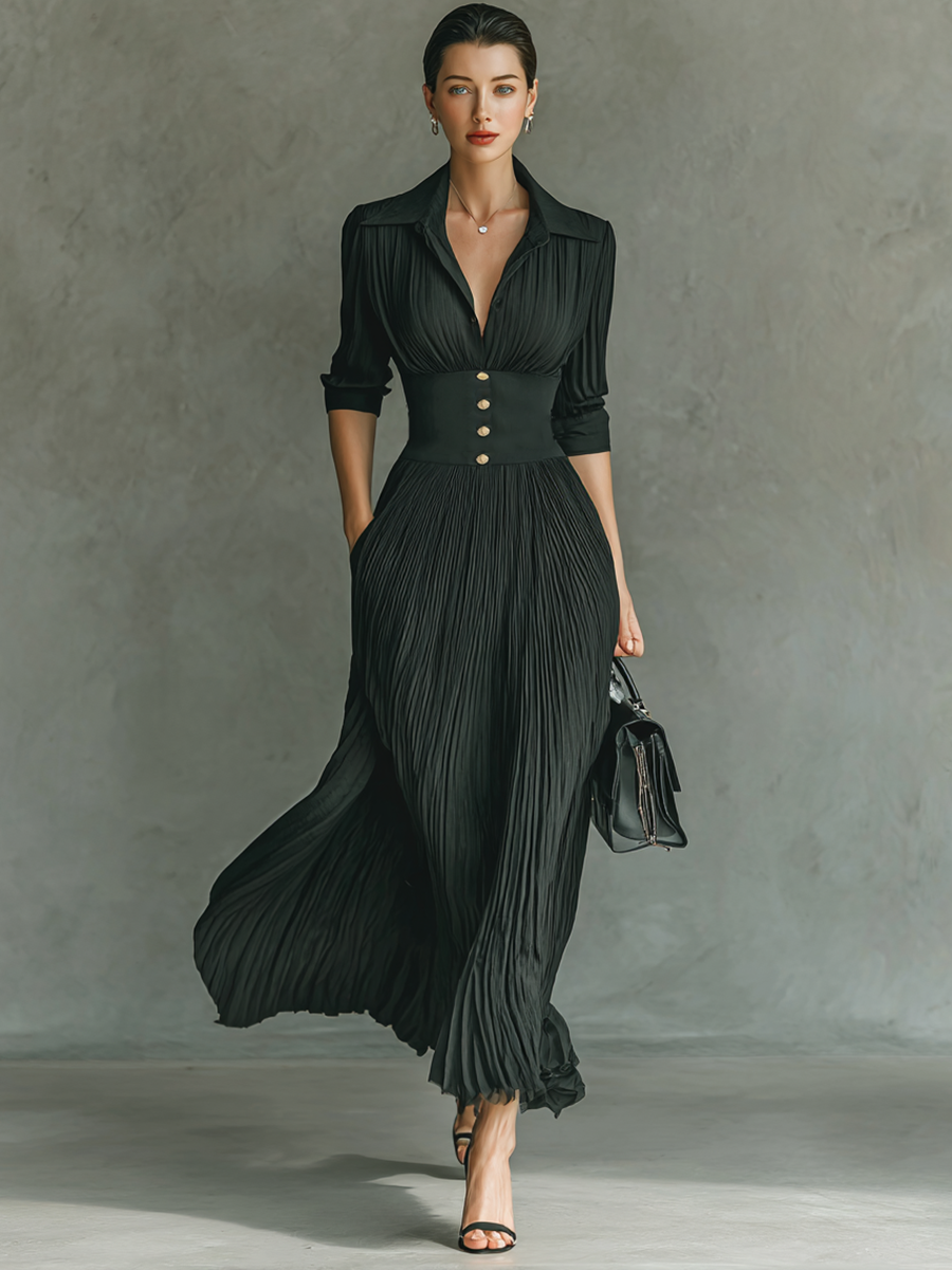Matilda® | Women's Solid Color Pleated Lapel Waist Long Sleeve Maxi Dress