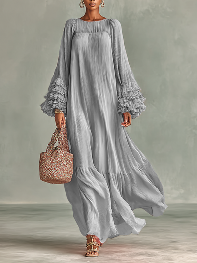 Grace® | Women's Loose Pleated Chiffon Round Neck Long Sleeves Cuffs Ruffle Maxi Dress