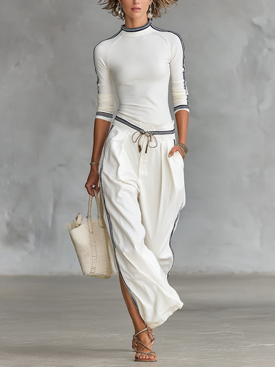 Chloe® | Women's Sports Half-high-neck Long-sleeved T-shirt Drawstring Wide-leg Pants Two-piece Set