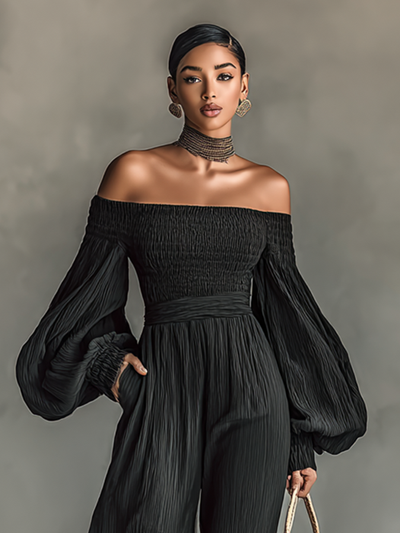 Hazel® | Women's Off-the-shoulder Long-sleeved Pleated Fabric Jumpsuit
