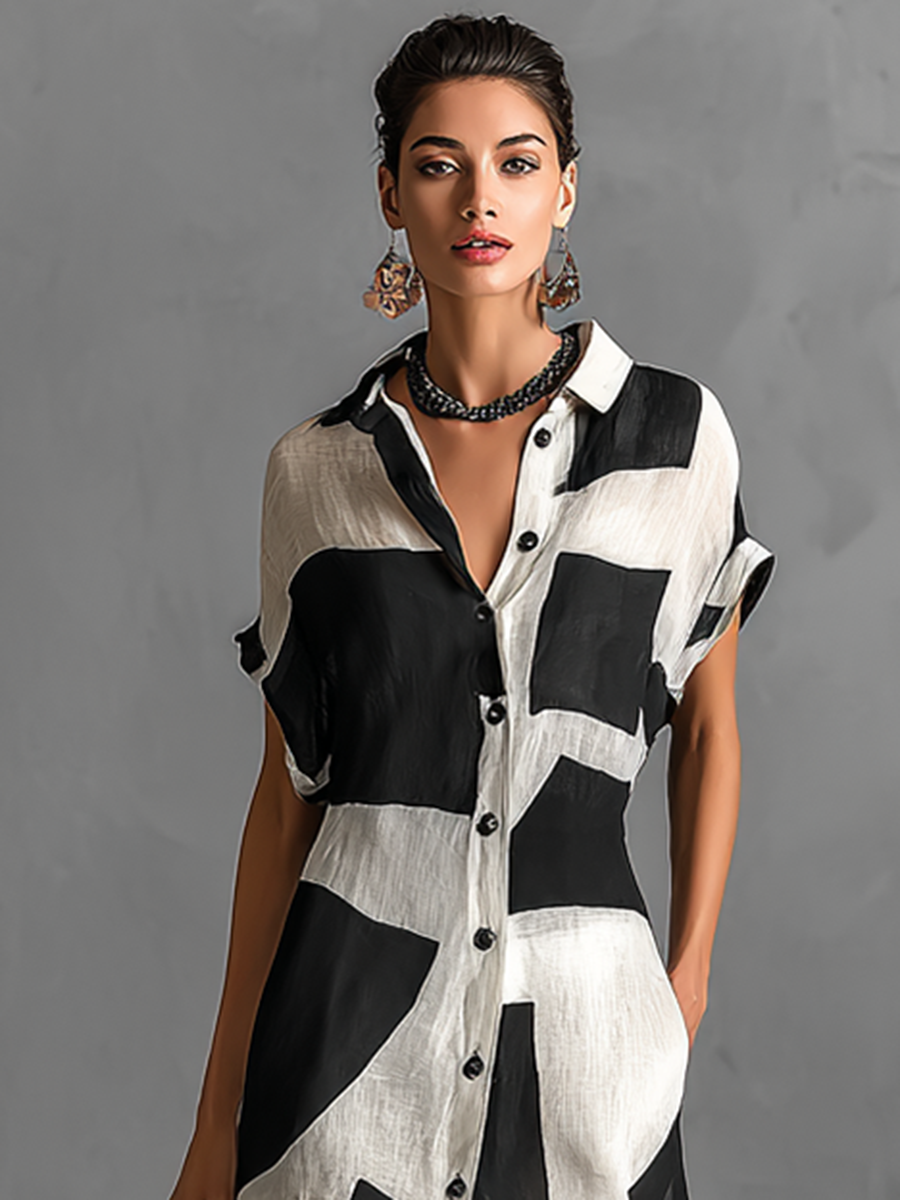 Willow® | Women's Chiffon Irregular Geometric Print Lapel Single-Breasted Short-Sleeved Maxi Shirt Dress