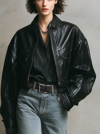 Kalinda® | Women's Black Edgy Leather Oversized Biker Jacket