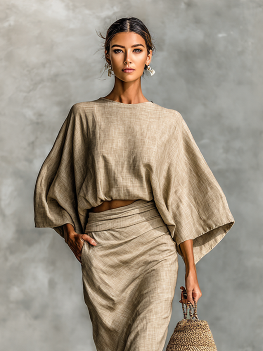 Elouera® | Women's Chiffon Pleated Lapel Button Short Sleeve Waist Maxi Dress Women's Cotton And Linen Blend Bat Sleeve Long Skirt Two-piece Set