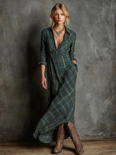 Lorena® | Women's Plaid Lapel Single-Breasted Shirt Maxi Dress