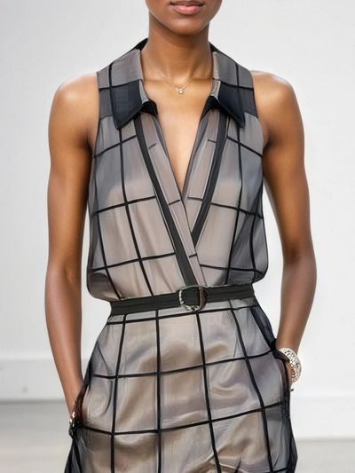 Alinta® | Women's Checkered Tulle Lapel Sleeveless Belted Maxi Dress