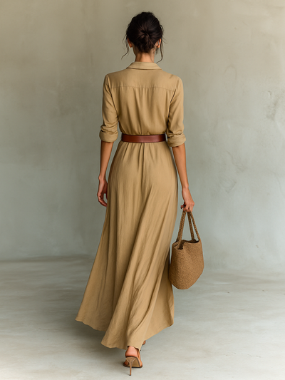 Beatriz® | Ladies Lapel Single Breasted Long Sleeve Belted Maxi Dress