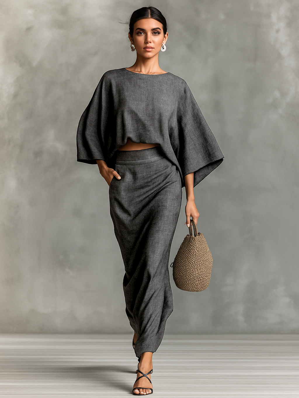 Elouera® | Women's Chiffon Pleated Lapel Button Short Sleeve Waist Maxi Dress Women's Cotton And Linen Blend Bat Sleeve Long Skirt Two-piece Set