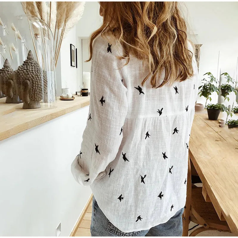 Kaia® | Bird Print Long Sleeve Shirt