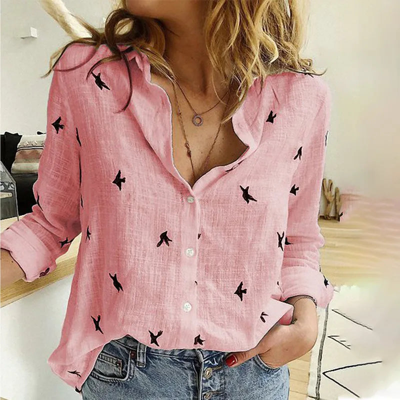 Kaia® | Bird Print Long Sleeve Shirt
