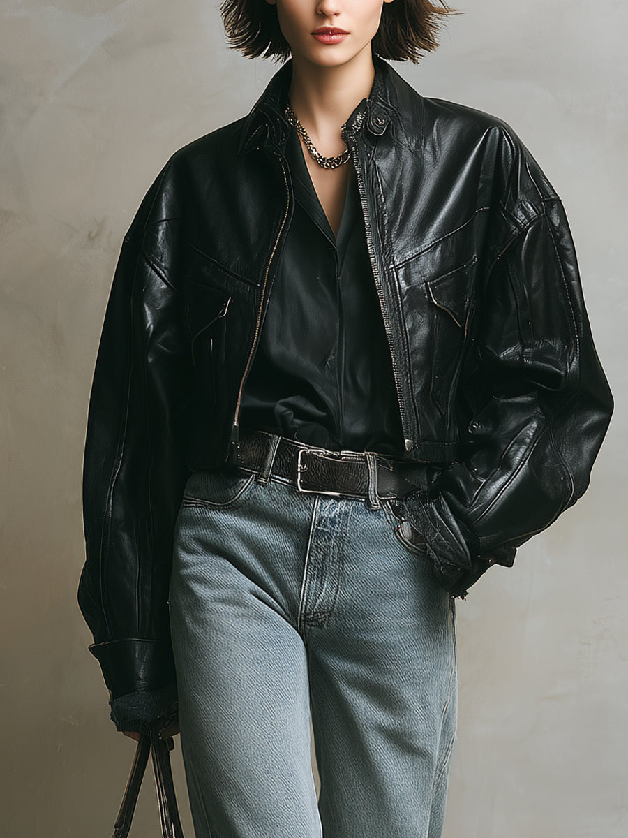 Kalinda® | Women's Black Edgy Leather Oversized Biker Jacket