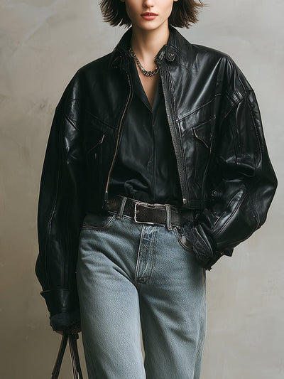 Kalinda® | Women's Black Edgy Leather Oversized Biker Jacket